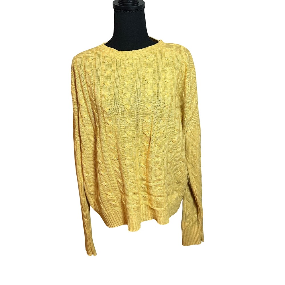 J McLaughlin Yellow Silk Cashmere Cable Knit Sweater Womens XL Crew Neck VTG